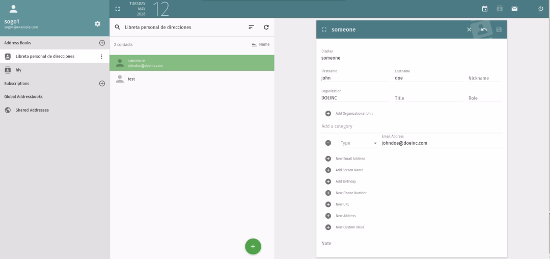 Dashboard view of the SoGo address book interface with different properties you can add to a contact