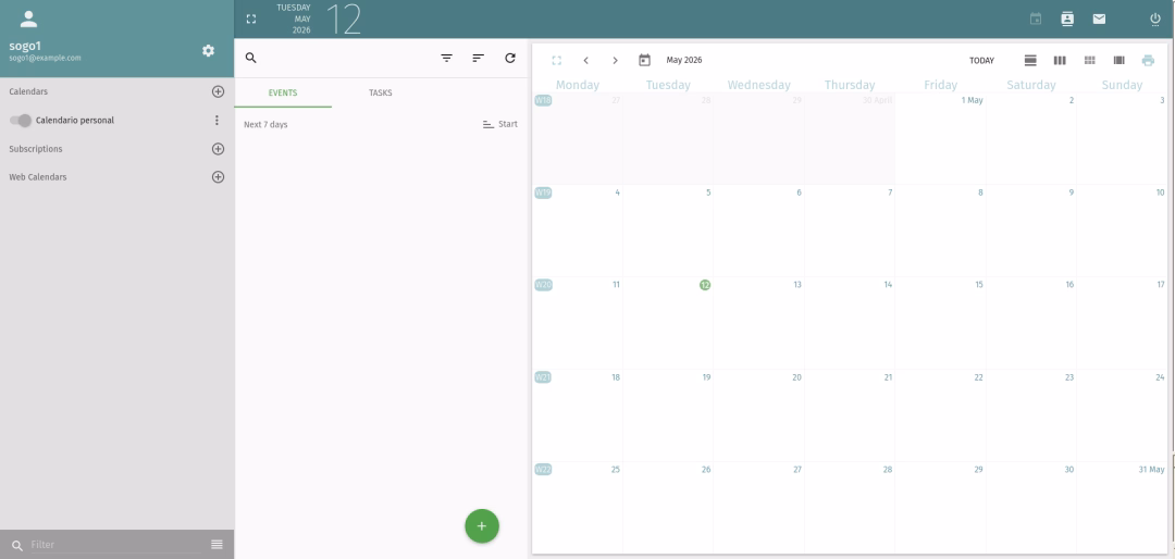 Dashboard view of the SoGo calendar interface showing the current month
